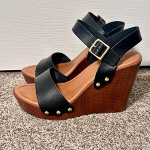 Soda Black and Tan Wedge Sandals